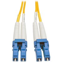 Yellow Eaton InfiniBand/fibre optic cable with blue and white LC connectors, dual-ended design.