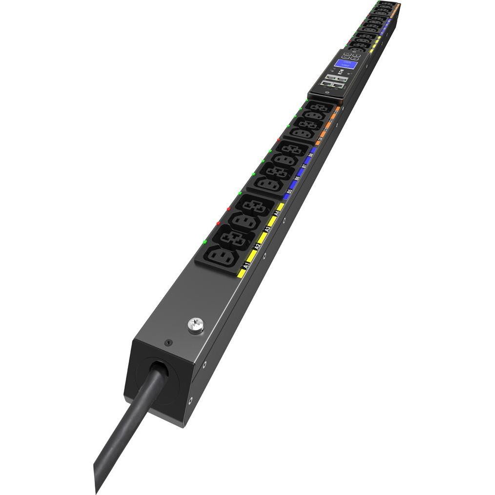 Eaton 24" Power Distribution Unit in black metal, featuring multiple power outlets, a digital display, and a sturdy design for efficient power management.