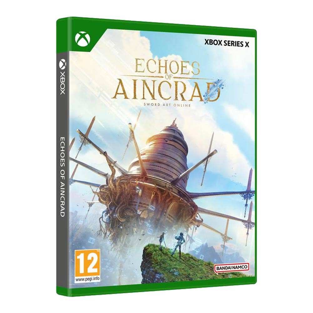 Green Xbox Series X game case featuring "Echoes of Aincrad" title, with a fantasy landscape and a large tower on the cover, along with a "Bonus Weapons Pack" label.