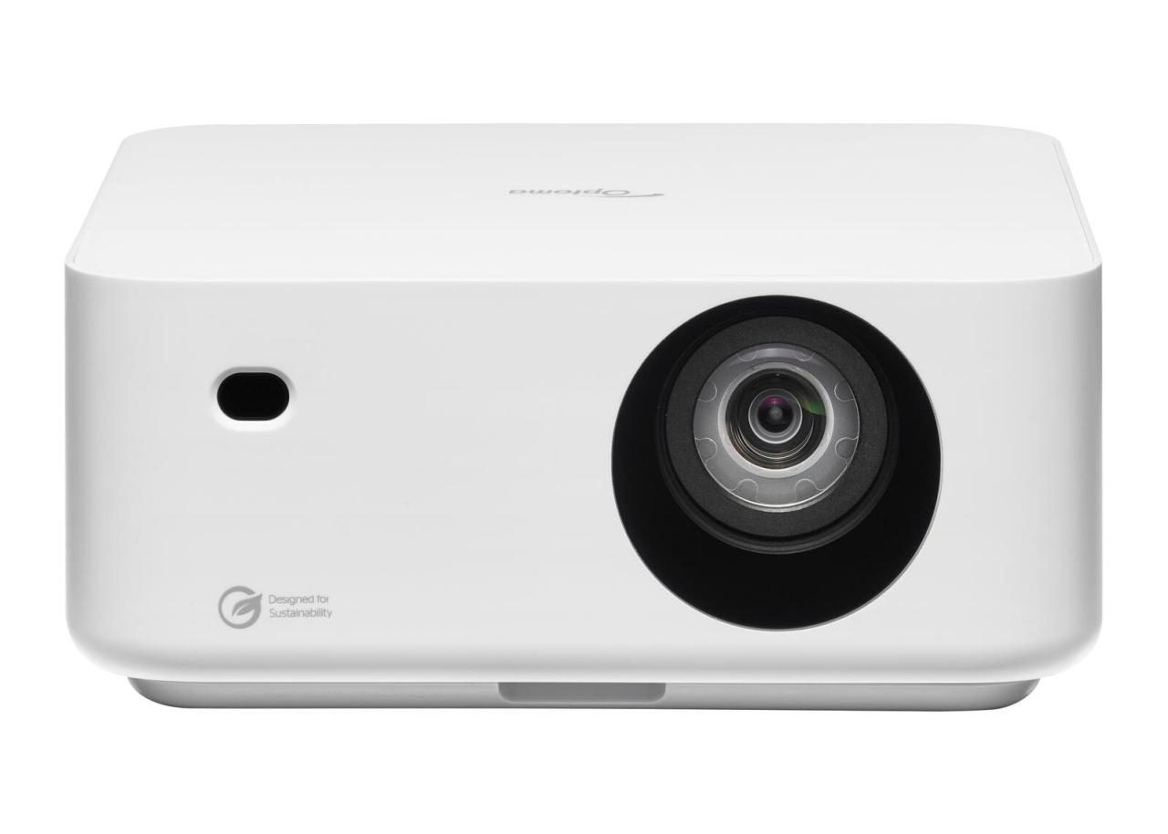 White DLP projector with a sleek design, featuring a prominent lens on the front, a small vent, and the Optoma logo, offering 550 ANSI lumens and 1080p resolution.