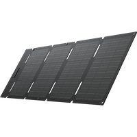 EcoFlow 45W portable solar panel, black, foldable design with four segments and visible grid pattern.