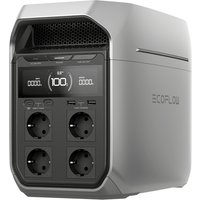 EcoFlow DELTA 3 Plus power station, gray with LCD display, four outlets, and black vented top.