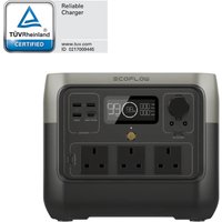 EcoFlow River 2 Pro power station, gray and black, with digital display, multiple outlets, and certification badge.