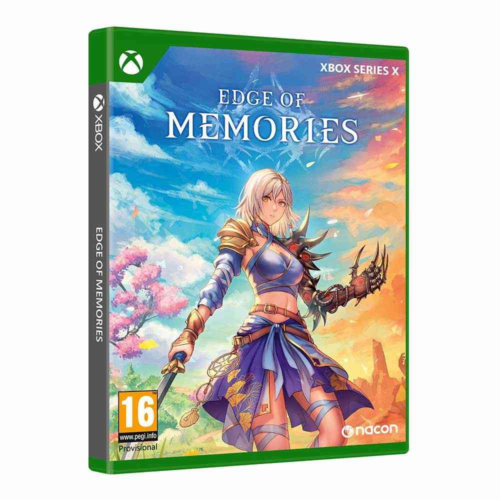 Green Xbox Series X game case featuring "Edge of Memories" with a fantasy-themed cover art showcasing a female character in a blue outfit against a vibrant landscape.