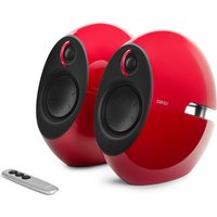Red Edifier Luna HD loudspeakers with sleek oval design, black accents, and remote control, 74W wired and wireless.