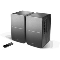 Black Edifier R1280T wired speakers with wood finish, side control panel, and remote control.