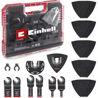 Einhell 35-piece oscillating multi-tool set in red and black XL Plus case, includes various metal cutting blades and sanding pads.
