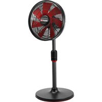 Black and red Einhell cordless pedestal fan with a round mesh grille and adjustable height stand.
