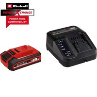 Red and black Einhell 18v cordless battery with charger, featuring power indicator and compact design.