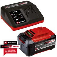 Einhell red and black 18v cordless battery with charger, featuring LED indicators and Power X-Change branding.