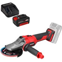 Red and black Einhell cordless angle grinder with brushless motor, 125mm disc, and detachable battery.