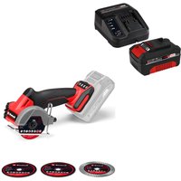 Red and black Einhell cordless angle grinder with brushless motor, 76mm disc, and lithium battery charger set.