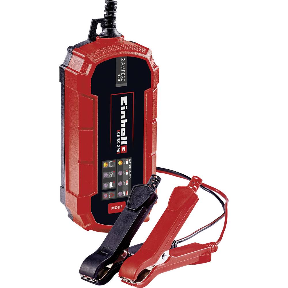 Red and black intelligent vehicle battery charger with a digital display, featuring two alligator clips for connection, labeled buttons, and a compact design.