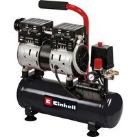 Einhell TE-AC 110/6 Silent Plus black air compressor with dual silver cylinders and red handle, 6-liter capacity.