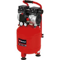 Red Einhell TE-AC 24 Silent air compressor, oil-free, dual gauges, black handles, 24-liter tank, sturdy base.