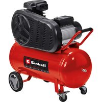 Red Einhell TE-AC 430/90/10 air compressor with 90L tank, black motor housing, wheels, and handle.