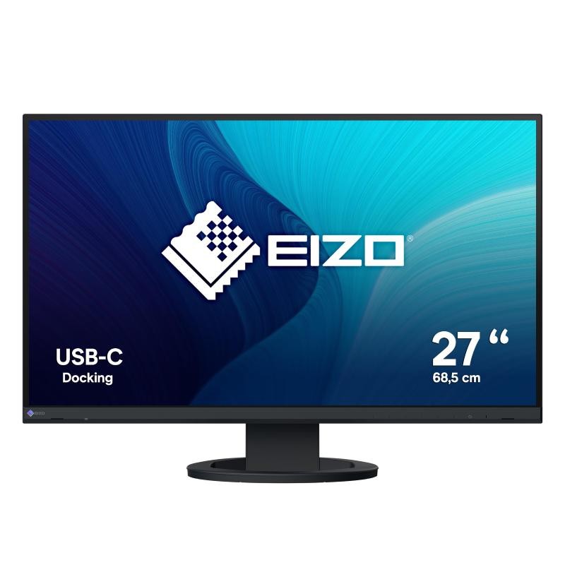 27-inch EIZO FlexScan EV2720S-BK monitor with a sleek black design, featuring a Quad HD 2560 x 1440 resolution and USB-C docking capability, displaying a vibrant blue abstract background.