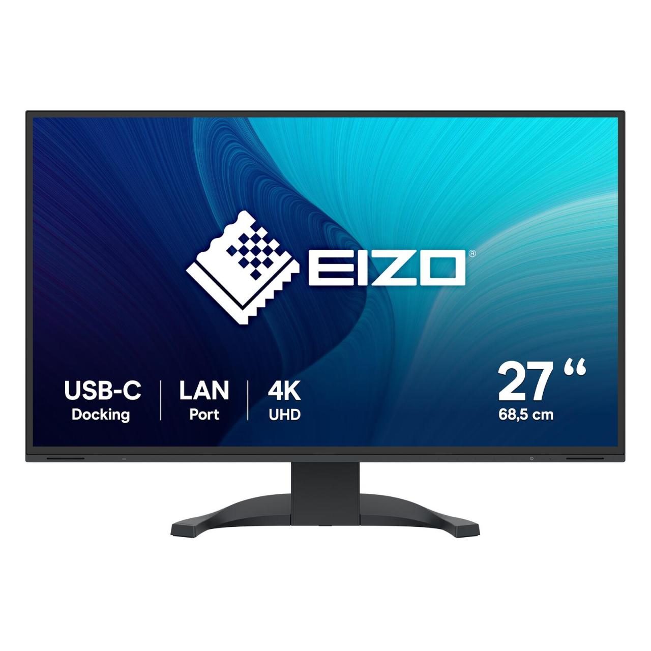 27-inch EIZO FlexScan EV2740X-BK monitor in black, featuring a sleek design, 4K Ultra HD resolution, USB-C docking, and LAN port, with a vibrant blue and white screen display.