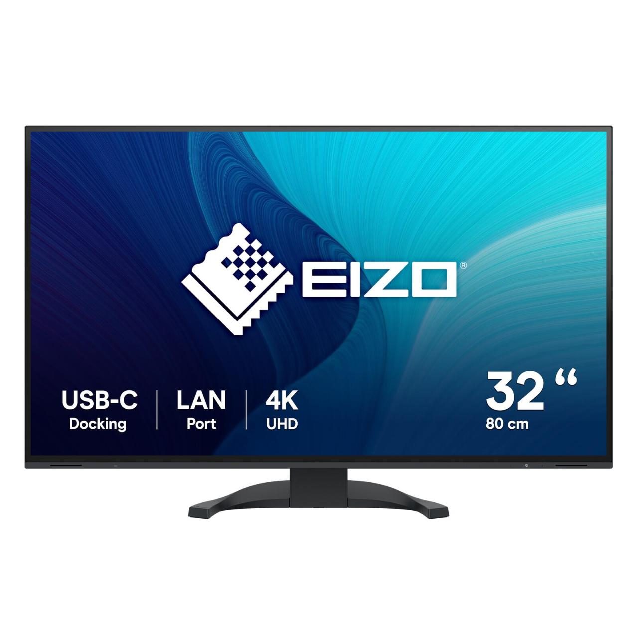31.5-inch EIZO FlexScan EV3240X-BK monitor with 3840 x 2160 pixels, featuring a sleek black design, USB-C docking, LAN port, and vibrant blue abstract background.