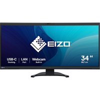 EIZO FlexScan EV3450XC-BK monitor, 34.1" ultrawide screen, black frame, USB-C, LAN port, built-in webcam.