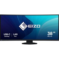Black EIZO FlexScan EV3895-BK monitor, 37.5-inch, curved screen, thin bezel, with USB-C and LAN port features.