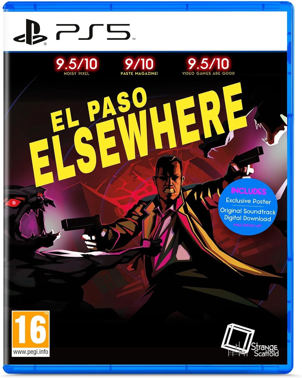 Bright blue PS5 game case featuring "El Paso, Elsewhere" title in bold yellow and black, with a character and a creature illustration, and ratings on the top. Includes exclusive poster and soundtrack.