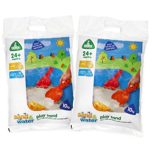 Two 10kg bags of ELC Children's Safe Non-Toxic Play Sand, featuring colorful graphics of a beach scene, suitable for children 24 months and older, with a bright red sand shovel.