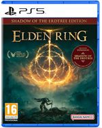 Elden Ring: Shadow of the Erdtree Edition for PS5 features a mystical golden emblem on a dark background, with a silhouette of a character and vibrant artwork showcasing the game's fantasy theme.