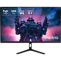 24" electriQ gaming monitor, Fast IPS, Full HD, 240Hz, HDMI 2.1, black stand, sci-fi soldiers on screen.