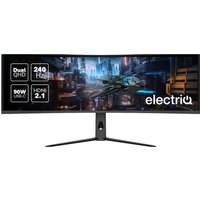 Curved electriQ 49" UltraWide monitor with dual QHD, 240Hz, USB-C, KVM switch, and sleek black stand.