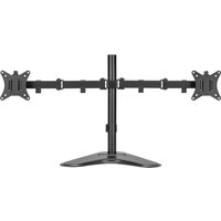 Black dual monitor arm with adjustable mounts on a sturdy base for up to two 32-inch screens.