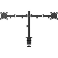 Black electriQ dual monitor arm with adjustable joints and clamp base for desk mounting.