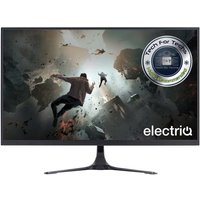 27" electriQ monitor, slim black bezel, 2560x1440 resolution, dynamic action scene on screen, sleek stand.