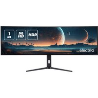 49" ultrawide Electriq monitor with slim bezels, curved screen, and HDR display showing a space-themed image.