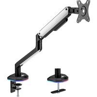 Black and silver electriQ gaming monitor arm with adjustable joints and RGB lighting at the base.