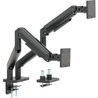 Black electriQ dual monitor arm with spring assistance, adjustable joints, and desk clamp mounts.