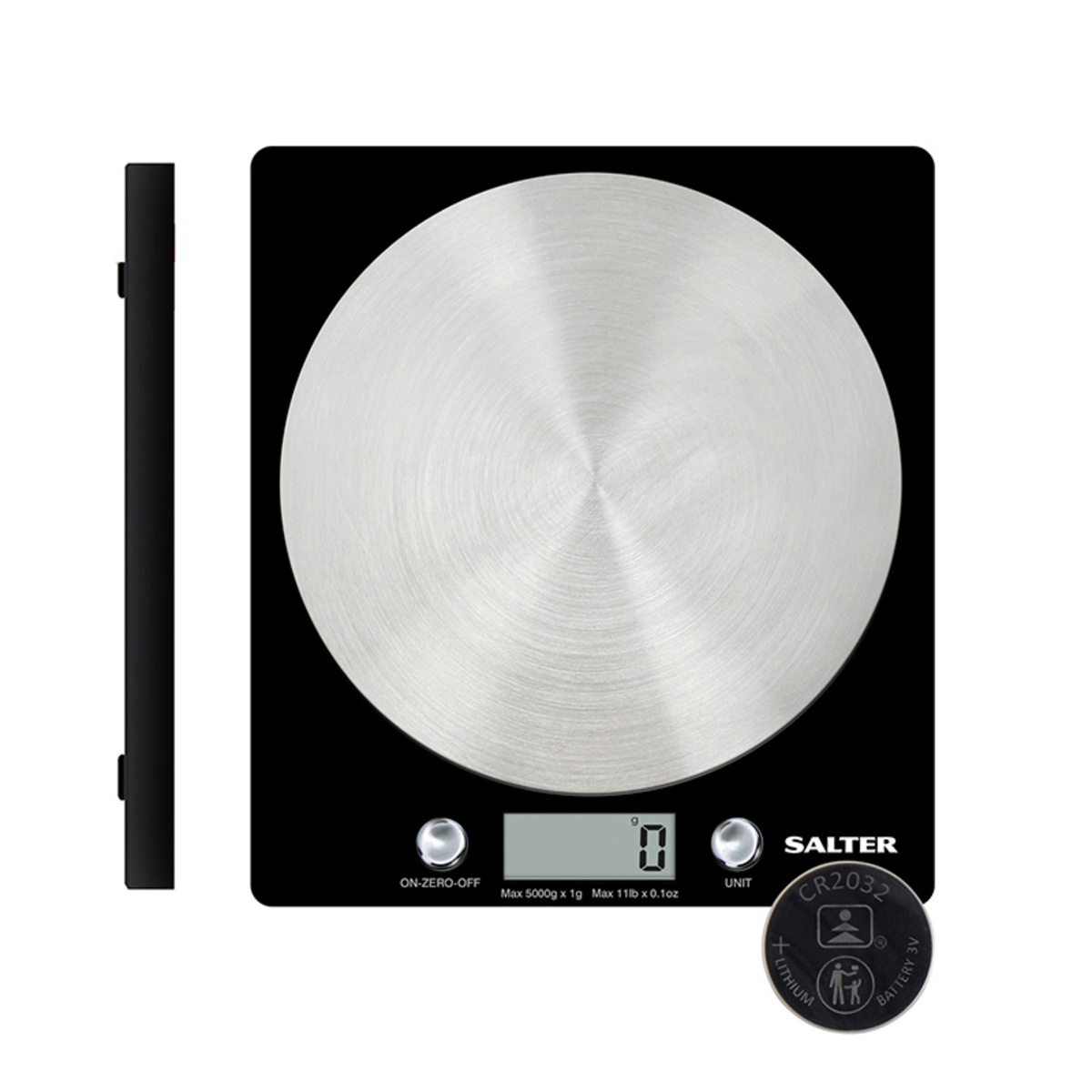 Black electronic kitchen scales by Salter with a stainless steel weighing surface, digital display, and a maximum capacity of 5000g, featuring an on-zero-off function.