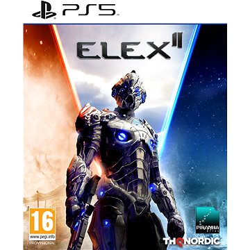 Elex II for PS5 features a futuristic robot character with blue glowing accents, set against a backdrop of contrasting red and blue colors, showcasing a sci-fi theme.