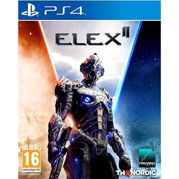 Elex II for PS4 features a futuristic armored character with glowing blue lights, set against a vibrant orange and blue background, showcasing the game's sci-fi theme.