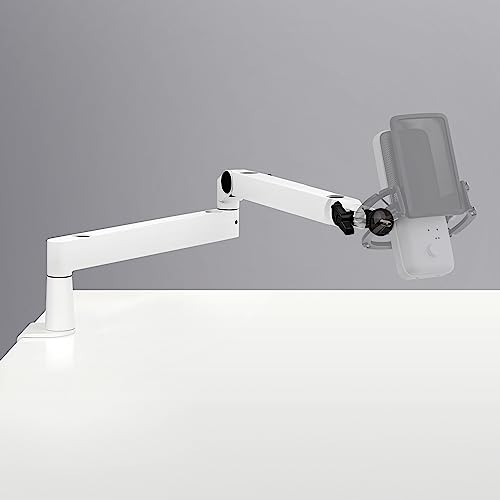 White Elgato Wave Mic Arm LP featuring a sleek, adjustable design with a sturdy clamp for desk mounting and a microphone holder, ideal for streaming and recording.