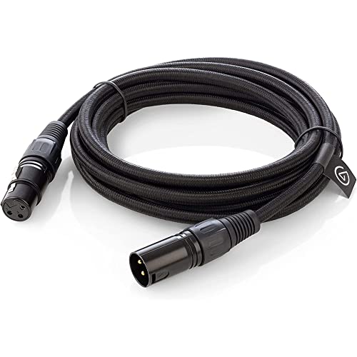 Black braided XLR mic cable with two connectors, featuring a durable design and Elgato branding tag, ideal for professional audio setups.
