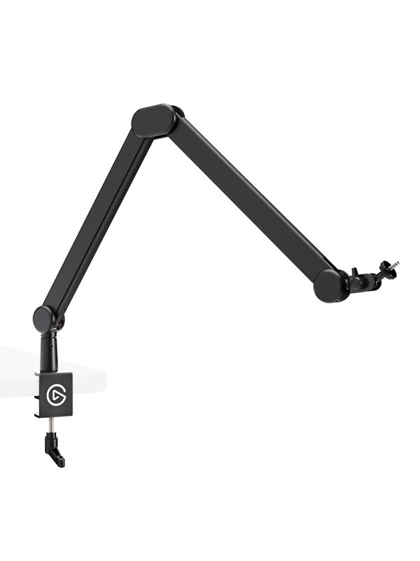 Black Elgato Studio Boom Arm with adjustable joints, a sturdy clamp for desk attachment, and a sleek design ideal for mounting microphones or cameras.