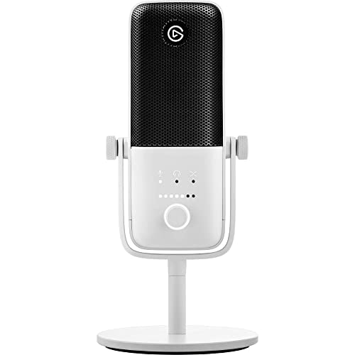 White tabletop microphone with a sleek design, featuring a black mesh grille, adjustable knobs, and a sturdy circular base for stability.