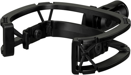 Black shock mount for microphones, featuring a sturdy design made of steel and reinforced polymer, with rubber components for vibration isolation and adjustable mounting options.