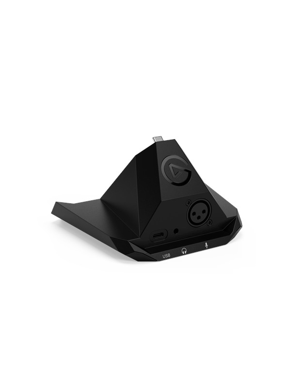 Black Elgato XLR Dock MK.2 features a sleek triangular design with a USB-C port, XLR input, and headphone jack, highlighted by the Elgato logo on the side.