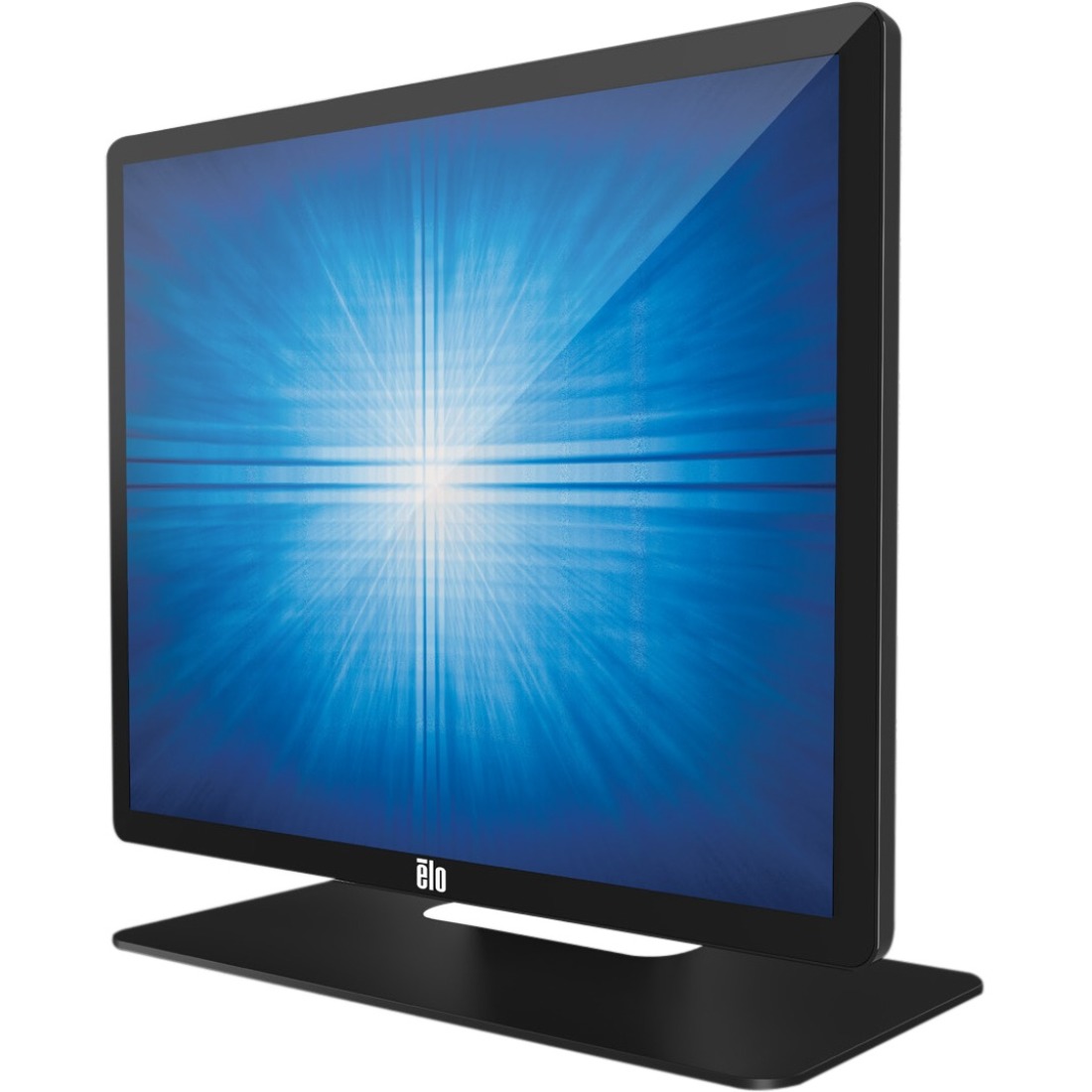 19-inch black LCD touchscreen monitor with a sleek design, featuring a vibrant blue display and a sturdy black base, ideal for interactive applications.