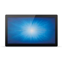 Elo Touch Solutions 21.5" LED monitor, black frame, blue display with radial light pattern, Full HD resolution.