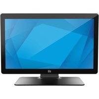 Black Elo Touch Solutions 21.5" monitor with slim bezel and rectangular base, displaying a blue geometric screen.