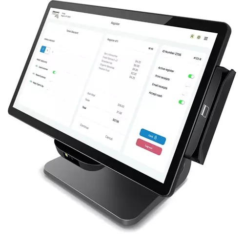 Elo Touch Solutions E849902 POS monitor features a sleek black design with a 15.6-inch touchscreen, displaying a user-friendly interface and a built-in card reader on the side.