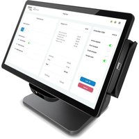 Black Elo Touch POS monitor, 15.6-inch screen, sleek stand, displaying a digital interface with buttons and text.